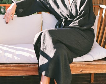 Black Linen Kimono Robe – Soft Long Gown with Pockets, Handmade Women’s Loungewear by ManInTheStudio