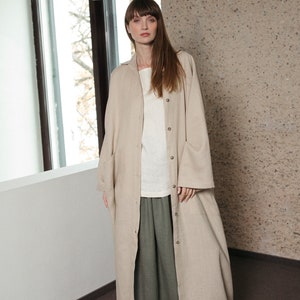 Oversized Linen Coat: Beige Long Jacket with Tie Belt