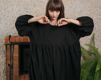 Oversized Linen Dress for Women – Dropped Shoulder Dress with Pockets, Handmade