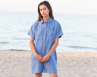 Linen short sleeve relaxed fit playsuit / ManInTheStudio
