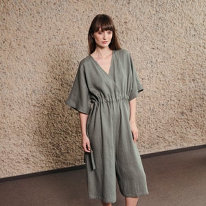 Loose adjustable waist wide leg linen jumpsuit