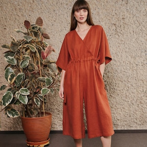 Loose linen jumpsuit, Adjustable waist overall, Cropped leg romper, Linen women jumpsuit, Wide leg jumpsuit