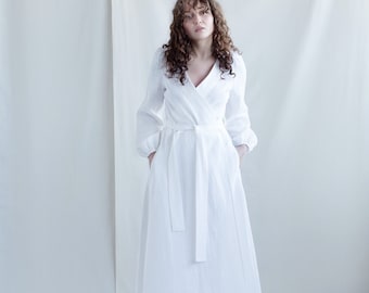 White linen long sleeve maxi wrap dress / Handmade by MITS