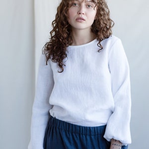 Long sleeve linen blouse, Loose white linen top by the ManInTheStudio