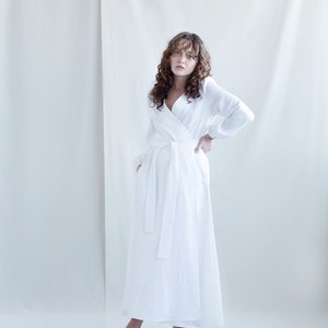 White linen long sleeve maxi wrap dress / Handmade by MITS image 2