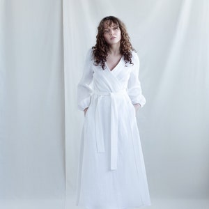 White linen long sleeve maxi wrap dress / Handmade by MITS