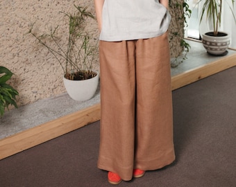 Hazel linen palazzo trousers with elasticated waist / Loose wide leg pants