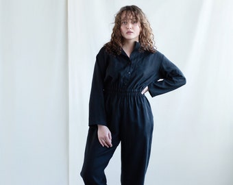 Black linen long sleeve coverall / Handmade by the ManInTheStudio
