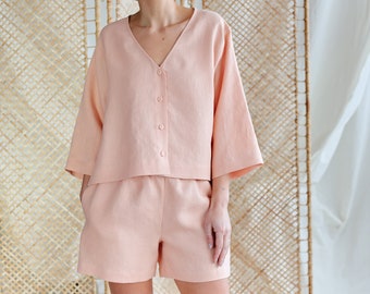 Loose linen top and relaxed fit shorts casual summer two piece set / ManInTheStudio
