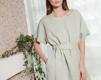 Kimono Style Linen Dress with Tie Belt - Oversized Linen Maxi Dress for Women, Handmade Sustainable Clothing