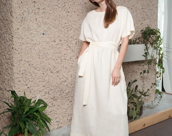 Oversized Linen Maxi Dress for Women – Kimono Style Linen Dress with Tie Belt, Handmade Sustainable Clothing