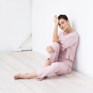 Linen Pajama Set: Ruffled Sleeve Sleepwear, Custom Size Available