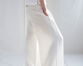 Striped linen palazzo pants / Loose wide leg linen trousers / MITS