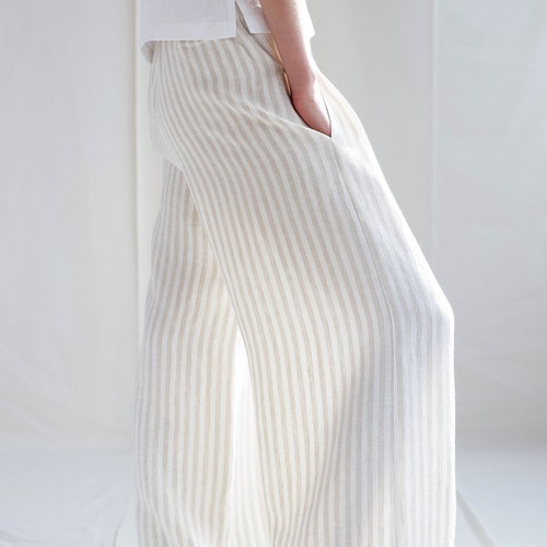 Striped linen palazzo pants / Loose wide leg linen trousers / MITS