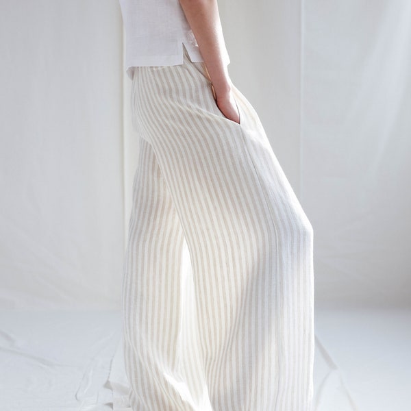 Striped linen palazzo pants / Loose wide leg linen trousers / MITS