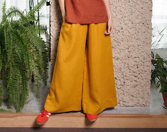 Mustard linen palazzo trousers / Loose wide leg pants