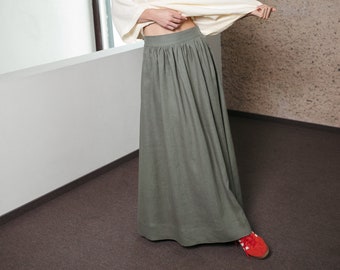 Long Linen Skirt with Pockets – Green Maxi Ankle Length Swingy Skirt / Handmade by ManInTheStudio