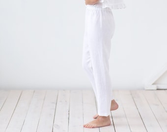 White linen tapered pants / Pull on linen summer trousers / MITS