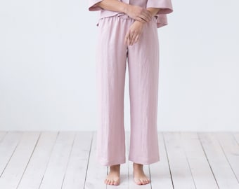 Wide leg linen trousers with elastic waist band / Handmade by MITS