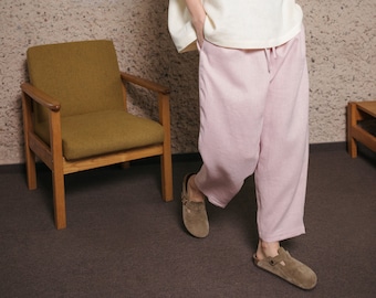 Dusty rose loose fit linen trousers with adjustable tie waist