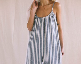 Strap linen jumpsuit, Striped linen sleeveless jumpsuit, Loose linen wide leg romper, Soft linen lounge wear jumpsuit, Gift for her