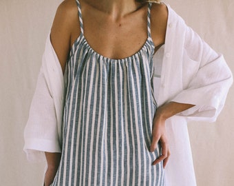 Strap linen jumpsuit in stripes / Loose linen wide leg romper / Soft linen lounge wear jumpsuit