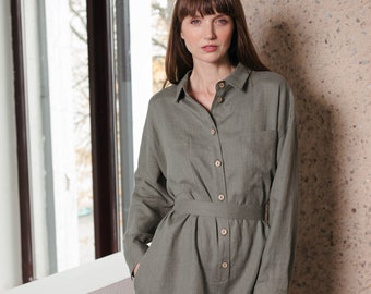 Long sleeve hunter green linen playsuit