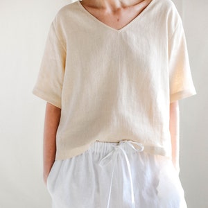 Ready to ship/Linen oversized top/Linen V-neck blouse/Handmade by MITS
