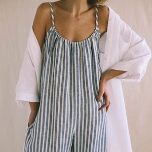 Strap linen jumpsuit in stripes / Loose linen wide leg romper / Soft linen lounge wear jumpsuit