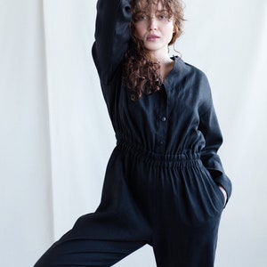 Black Linen Coverall Jumpsuit: Handmade Nursing Overall with Pockets