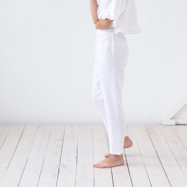 White linen tapered pants / Pull on linen summer trousers / MITS