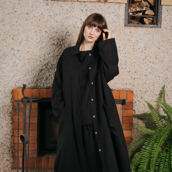 Manteau oversize en lin noir / Manteau long en lin