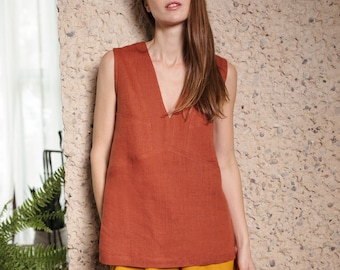 Sleeveless Deep V-Neck Linen Blouse / Handmade by MITS