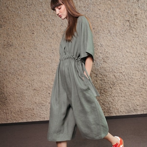Linen women jumpsuit, Adjustable waist overall, Wide leg linen jumpsuit, Cropped leg linen romper, Women linen clothing
