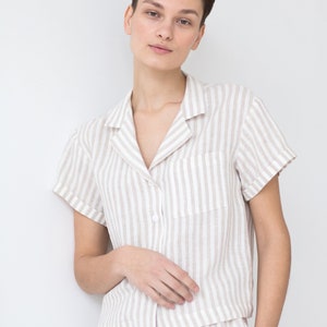 Striped linen shirt, Short sleeves linen top, Woman summer shirt by the ManInTheStudio