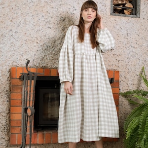 Vestido oversized de linho xadrez: mangas volumosas, personalizável