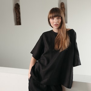 Linen plus size blouse, Black linen top, Wide sleeves top, Linen women blouse