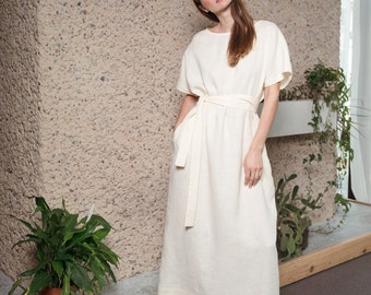 Oversized Linen Maxi Dress – Kimono Style Tie Belt, Handmade by ManInTheStudio