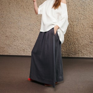 Long Linen Skirt with Pockets – Grey Maxi Ankle Length Swingy Skirt / Handmade by ManInTheStudio