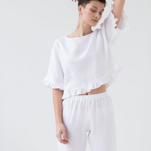 Linen Sleepwear Set: Ruffled Blouse & Trousers