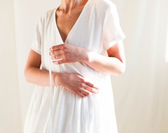 White linen wrap dress, Midi linen V-neck dress, Loose linen dress, Gift for her