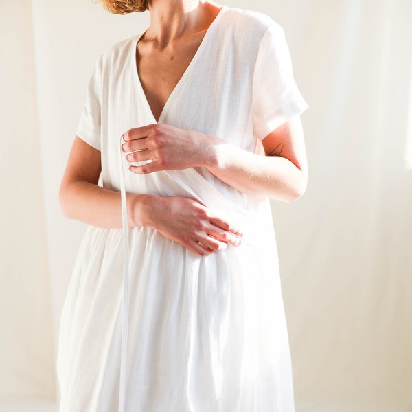 White linen wrap dress, Midi linen V-neck dress, Loose linen dress, Gift for her