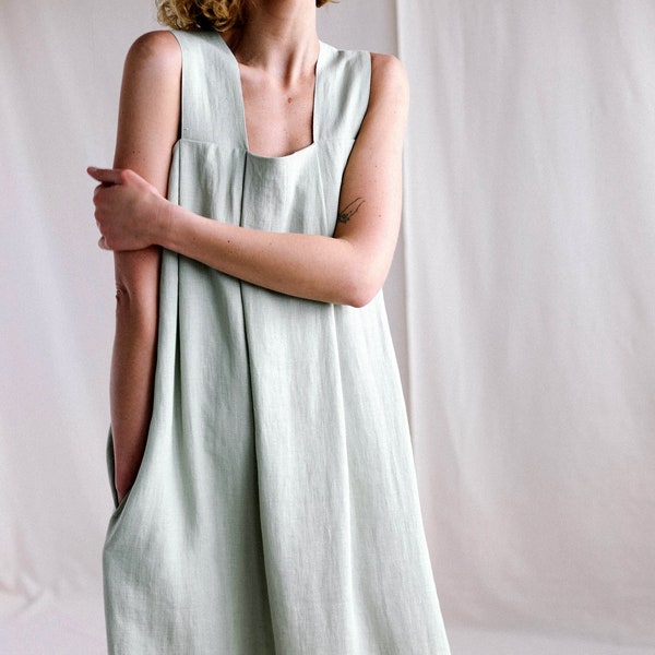 Origami linen dress, Linen loose fitting MAXI dress, Sleeveless sage green dress, Gift for her