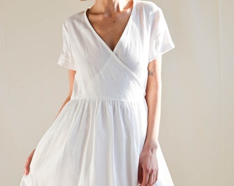 White linen wrap dress / Midi linen V-neck dress / Handmade by MITS
