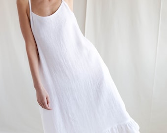 Linen Ruffled Hem Slip Dress - Sleeveless White Linen Dress With Pockets, Handmade