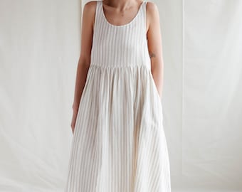 Striped linen smock dress, Sleveless linen dress, Loose A line linen dress, Gift for her