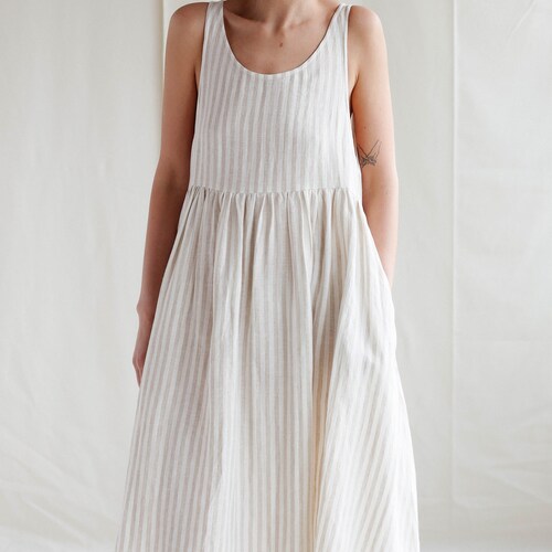 Striped Linen Smock Dress Sleveless Linen Dress Loose A Line Etsy
