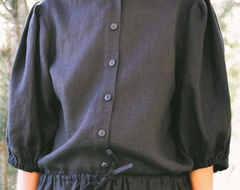 Linen Stand Collar Shirt – Elegant Front Button Top, Handmade Women’s Linen Clothing by ManInTheStudio