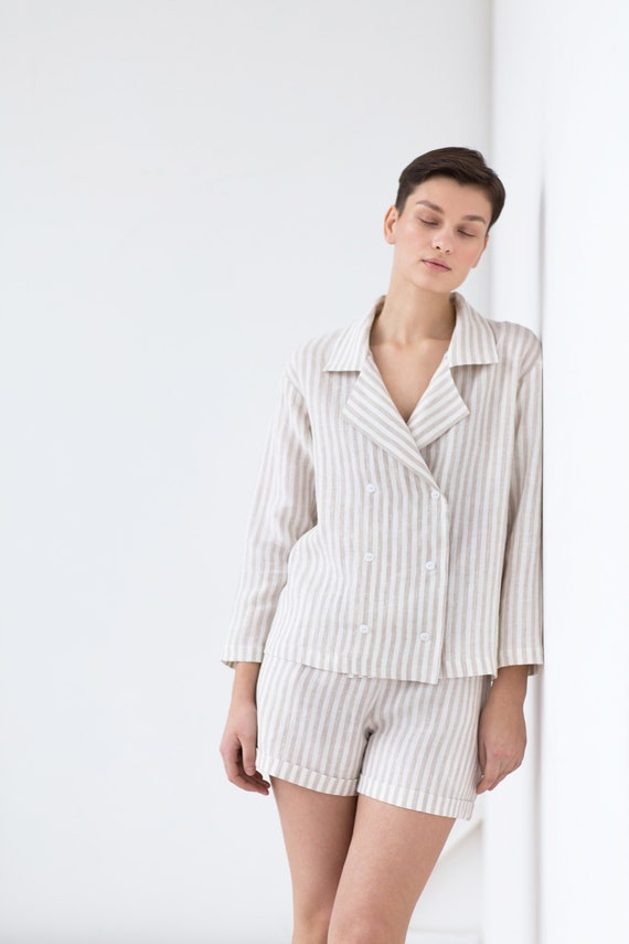 Striped Linen Blazer and Shorts Suit - Women’s Two-Piece Summer Outfit handmade by ManInTheStudio
