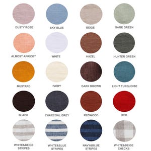 May include: A color chart featuring twenty circular fabric swatches arranged in a grid. The colors include dusty rose, sky blue, beige, sage green, almost apricot, white, hazel, hunter green, mustard, ivory, dark brown, light turquoise, black, charcoal grey, redwood, red, white and beige stripes, white and blue stripes, navy and blue stripes, and white and beige checks.
